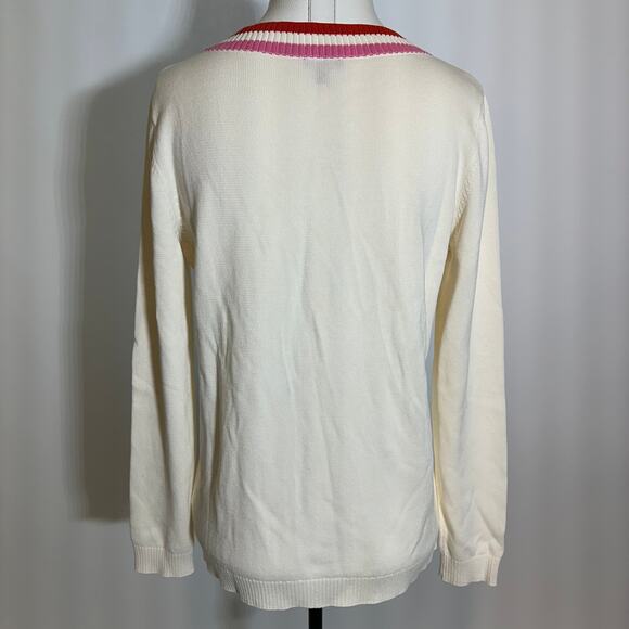 Talbots Ivory Pink Red Cable Knit Pointelle V-Neck Sweater Womens Size Small S - Picture 6 of 10